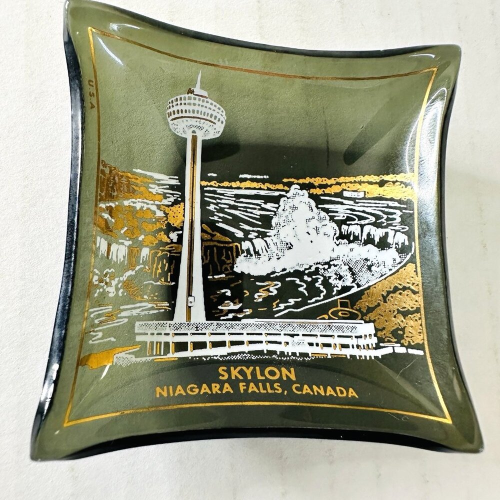 Vintage Skylon Niagara Falls Canada Ashtray Trinket Dish Smokey Glass MCM 2.5”